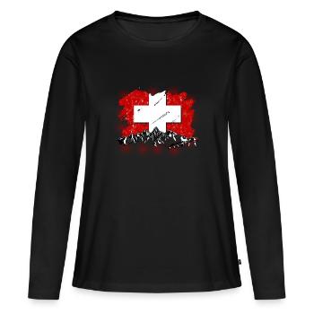 Schweiz Swiss Schweizer Geschenk Alpen Berge Fahne - Frauen Premium Bio Langarmshirt - Schwarz - Vorne - Julia (174cm)