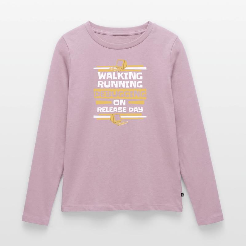 Walking Running Debugging Release Day Coder T-shirt manches longues Premium bio Femme