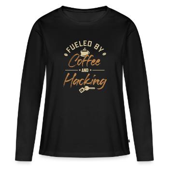 Alimenté par le café et le piratage du renifleur de phishing - T-shirt manches longues Premium bio Femme - noir - Devant - Julia (174cm)