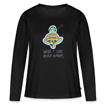 Ce que j’aime dans la conspiration des humains - T-shirt manches longues Premium bio Femme - noir - Devant - Julia (174cm)