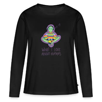 Ce que j’aime dans la conspiration des humains - T-shirt manches longues Premium bio Femme - noir - Devant - Julia (174cm)