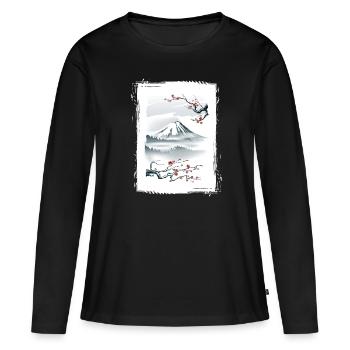 Fuji Kirschblüten Kirschbaum Japan Natur - Frauen Premium Bio Langarmshirt - Schwarz - Vorne - Julia (174cm)