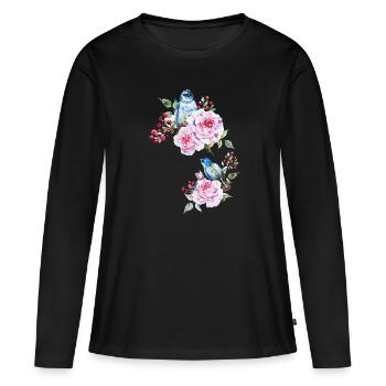 Fleurs Oiseau Oiseaux floraux - T-shirt manches longues Premium bio Femme - noir - Devant - Julia (174cm)
