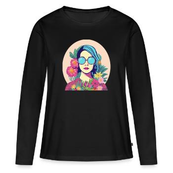 Seventies_Frau avec des fleurs - T-shirt manches longues Premium bio Femme - noir - Devant - Julia (174cm)