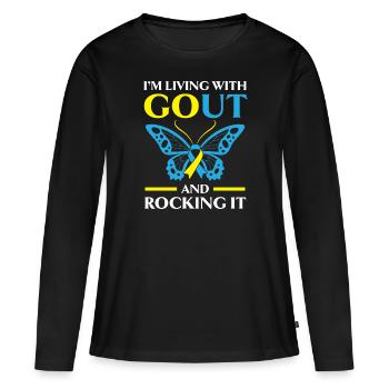 Je vis avec la goutte et la berce conscience de la goutte - T-shirt manches longues Premium bio Femme - noir - Devant - Julia (174cm)