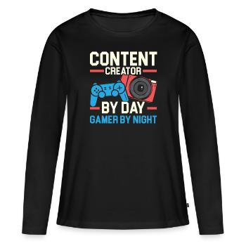 Créateur de contenu de jour Gamer de nuit Influenceur - T-shirt manches longues Premium bio Femme - noir - Devant - Julia (174cm)