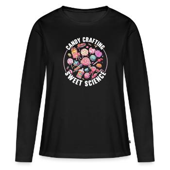 Fabrication de bonbons Fabricant de bonbons Fabrication de bonbons J’aime les bonbons - T-shirt manches longues Premium bio Femme - noir - Devant - Julia (174cm)
