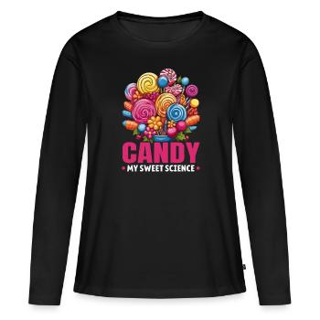 Fabrication de bonbons Fabricant de bonbons Fabrication de bonbons J’aime les bonbons - T-shirt manches longues Premium bio Femme - noir - Devant - Julia (174cm)
