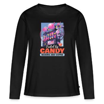 Fabrication de bonbons Fabricant de bonbons Fabrication de bonbons J’aime les bonbons - T-shirt manches longues Premium bio Femme - noir - Devant - Julia (174cm)