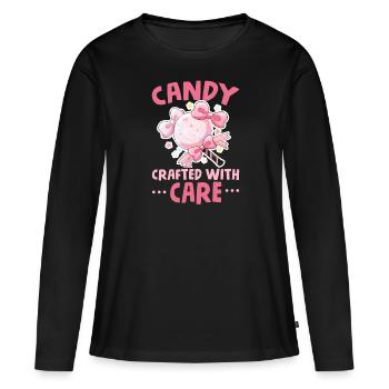 Fabrication de bonbons Fabricant de bonbons Fabrication de bonbons J’aime les bonbons - T-shirt manches longues Premium bio Femme - noir - Devant - Julia (174cm)