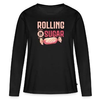 Fabrication de bonbons Fabricant de bonbons Fabrication de bonbons J’aime les bonbons - T-shirt manches longues Premium bio Femme - noir - Devant - Julia (174cm)
