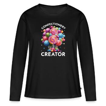 Fabrication de bonbons Fabricant de bonbons Fabrication de bonbons J’aime les bonbons - T-shirt manches longues Premium bio Femme - noir - Devant - Julia (174cm)