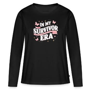 Ruban de sensibilisation au cancer du sein pour les survivantes du cancer - T-shirt manches longues Premium bio Femme - noir - Devant - Julia (174cm)