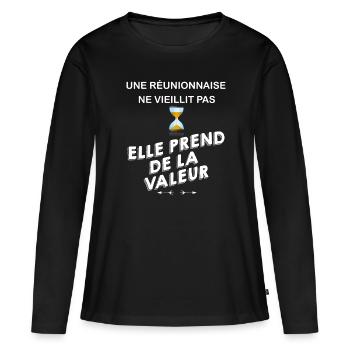 Réunionnaise Femme île La Réunion Citation Humour - T-shirt manches longues Premium bio Femme - noir - Devant - Julia (174cm)