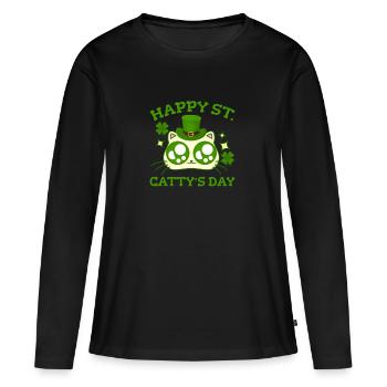 Glücklichen St. Cattys Tag St. Patricks Funny Cat Clover - Frauen Premium Bio Langarmshirt - Schwarz - Vorne - Julia (174cm)
