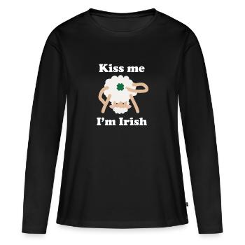 Kiss Me Im Irish Sheep Funny St Patricks Day Pun - Women's Premium Organic Long Sleeve Shirt - black - Front - Julia (174cm)