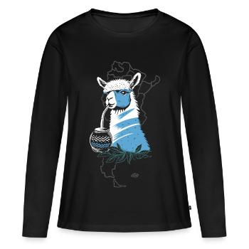 Yerba Mate L’alpaga apprécie le thé yerba mate - T-shirt manches longues Premium bio Femme - noir - Devant - Julia (174cm)
