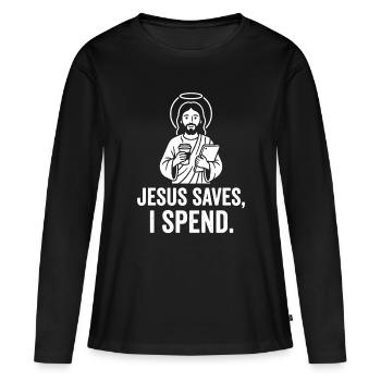Jésus sauve, je dépense - T-shirt manches longues Premium bio Femme - noir - Devant - Julia (174cm)