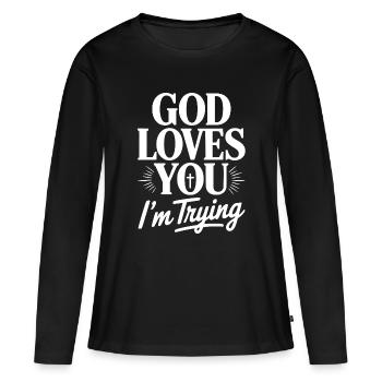 Dieu t’aime, j’essaie. - T-shirt manches longues Premium bio Femme - noir - Devant - Julia (174cm)