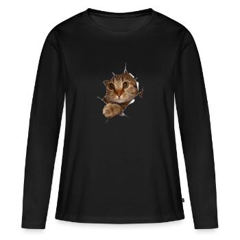 Chat 3D chaton doux - cadeau - T-shirt manches longues Premium bio Femme - noir - Devant - Julia (174cm)