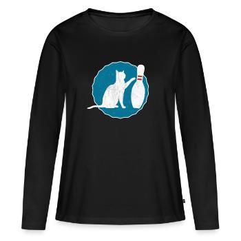 Bowling Katze Kegeln T-Shirt Katzenshirt - Frauen Premium Bio Langarmshirt - Schwarz - Vorne - Julia (174cm)