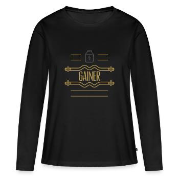 „GAINER“ Design, Fitness und Bodybuilding - Frauen Premium Bio Langarmshirt - Schwarz - Vorne - Julia (174cm)