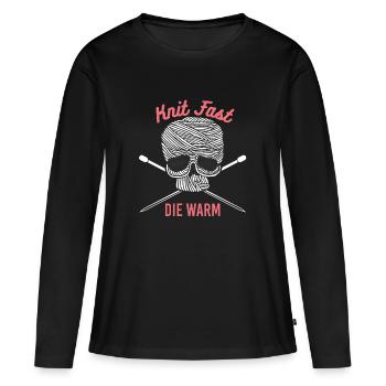 Knitting - Knitting T-Shirt "Knit Fast The Warm" - Women's Premium Organic Long Sleeve Shirt - black - Front - Julia (174cm)