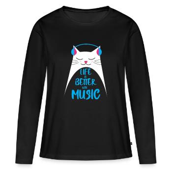 La vie est meilleure avec la musique - chat - T-shirt manches longues Premium bio Femme - noir - Devant - Julia (174cm)
