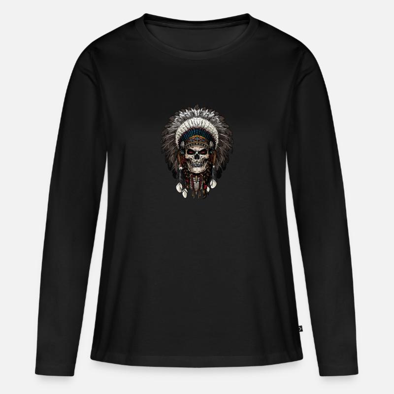 Indian Warrior Skull Head Kleid - Frauen Premium Bio Langarmshirt - Schwarz
