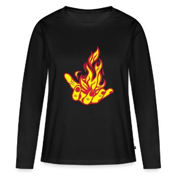 main ouverte hand open flamme fire feu1 - T-shirt manches longues Premium bio Femme - noir - Devant - Julia (174cm)