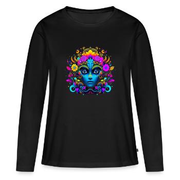 Femme avec des fleurs dans les cheveux, psychédélique - T-shirt manches longues Premium bio Femme - noir - Devant - Julia (174cm)