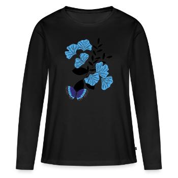 Schmetterling auf blauer Blume. - Frauen Premium Bio Langarmshirt - Schwarz - Vorne - Julia (174cm)