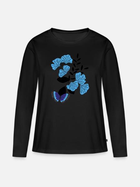 Butterfly on blue flower. - Women's Premium Organic Long Sleeve Shirt - black