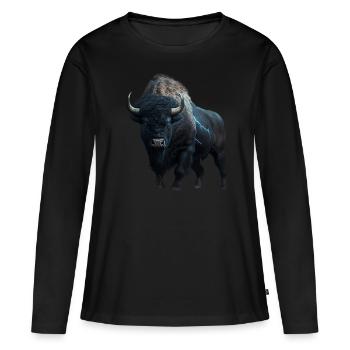 Bison schwarz Büffel mit Blitzen und Donner stark - Frauen Premium Bio Langarmshirt - Schwarz - Vorne - Julia (174cm)