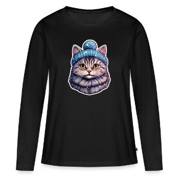 Chat avec chapeau à pompon - T-shirt manches longues Premium bio Femme - noir - Devant - Julia (174cm)