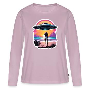 Woman is looking at UFO at the beach. - Women's Premium Organic Long Sleeve Shirt - dusky pink - Front - Julia (174cm)