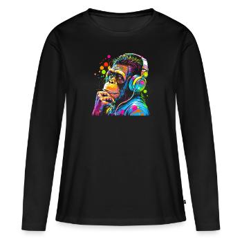 Schimpanse mit Kopfhörer farbig Affe DJ - Frauen Premium Bio Langarmshirt - Schwarz - Vorne - Julia (174cm)