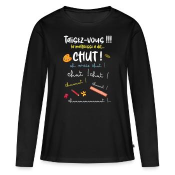 Idée cadeau pour ma maitresse d'école - T-shirt manches longues Premium bio Femme - noir - Devant - Julia (174cm)