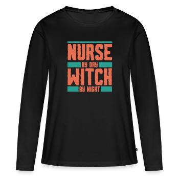 Infirmière de jour sorcière de nuit - T-shirt manches longues Premium bio Femme - noir - Devant - Julia (174cm)