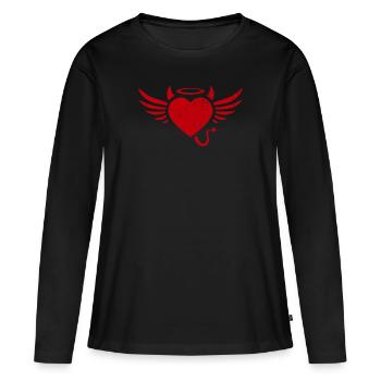 Petit ange ange petit diable diable coeur rouge - T-shirt manches longues Premium bio Femme - noir - Devant - Julia (174cm)