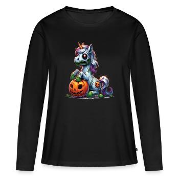 Halloween Licorne Citrouille d’Halloween - T-shirt manches longues Premium bio Femme - noir - Devant - Julia (174cm)