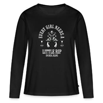Chaque fille a besoin d’une petite déchirure dans son jean rétro - T-shirt manches longues Premium bio Femme - noir - Devant - Julia (174cm)