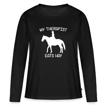 Mon thérapeute mange du foin | Drôles de chevaux - T-shirt manches longues Premium bio Femme - noir - Devant - Julia (174cm)