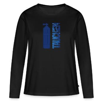 Le mot plongée avec bouteille de plongée - T-shirt manches longues Premium bio Femme - noir - Devant - Julia (174cm)