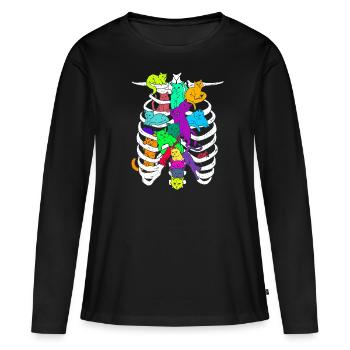 Cage thoracique squelettique avec chats colorés - T-shirt manches longues Premium bio Femme - noir - Devant - Julia (174cm)