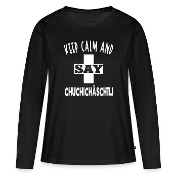 Schweizer Humor | CHUCHICHÄSCHTLI - Frauen Premium Bio Langarmshirt - Schwarz - Vorne - Julia (174cm)