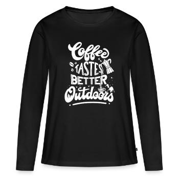 Outdoor Spruch Coffee tastes better Outdoors - Frauen Premium Bio Langarmshirt - Schwarz - Vorne - Julia (174cm)