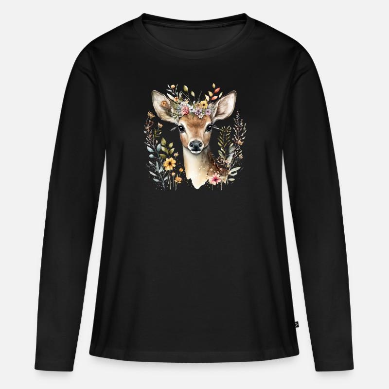 Reh mit Blumen - Frauen Premium Bio Langarmshirt - Schwarz