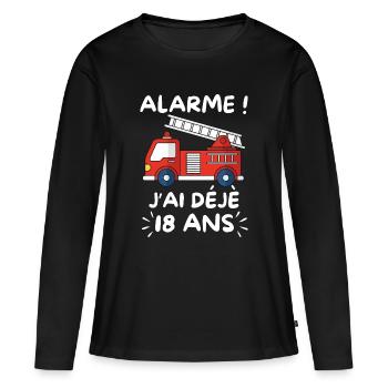 Alarme J’ai Déjà 18 Ans, Anniversaire Pompier - T-shirt manches longues Premium bio Femme - noir - Devant - Julia (174cm)
