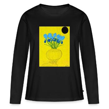Vase d’iris bleu sur fond jaune - T-shirt manches longues Premium bio Femme - noir - Devant - Julia (174cm)